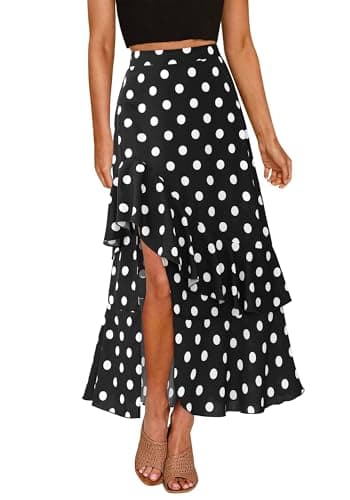 BTFBM Women 2026 Spring Summer Long Skirts Dress Boho Floral Elastic Waist Split Ruffle High Low Beach Maxi Skirt Clothes(Polka Dot Black, X-Large) - Image 1