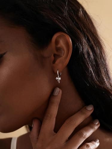 Dangle Earrings for Women Silver Cubic Zirconia Hoop Earrings Dainty Bow Diamond Drop Earring Wedding Jewelry for Brides - Thumbnail 4