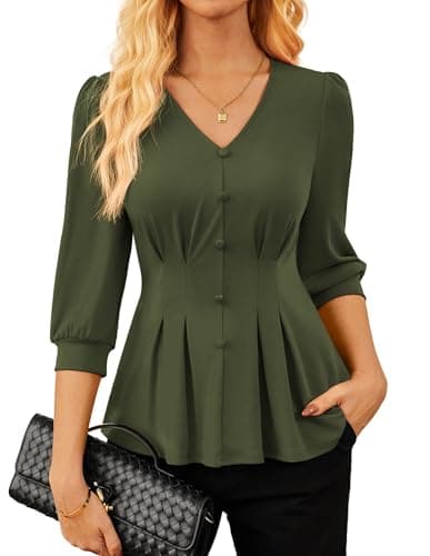 GRACE KARIN Women Business Casual Tops, 2026 Summer Trendy Dressy Blouses, 3/4 Sleeve V Neck Work Shirts Olive Green Medium - Image 1