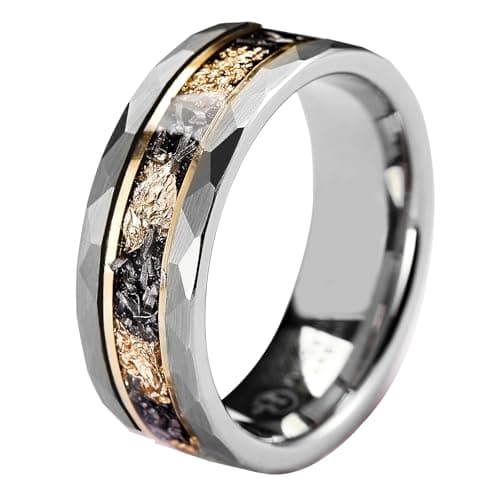 HIOLEEGI Men’s Tungsten Carbide Wedding Bands Silver 8mm Hammered with Gold Foil Inlay Scratch Proof Stainless Size 9.5 - Image 1