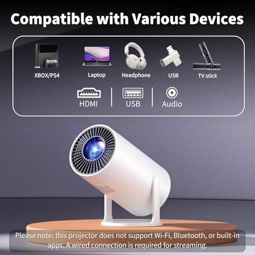 Sainellor 270° Rotatable Projector, Native 1080P Full HD Ceiling Cinema for Bedroom, Electric Keystone, 4K Supported, Wired Screen Mirroring, Portable Projecteur - Thumbnail 4