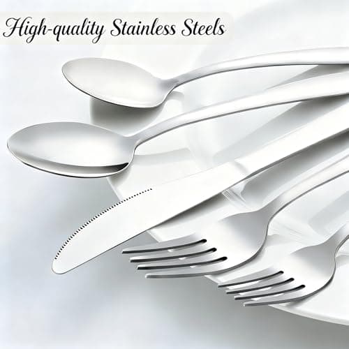 Pleafind Stainless Steel Silverware Set - 45 Piece Flatware Set for 8 People, Including 5 Serving Utensils, Forks, Spoons, Knives, Mirror Polished Flatware for Home, Restaurant, Dishwasher Safe - Thumbnail 4