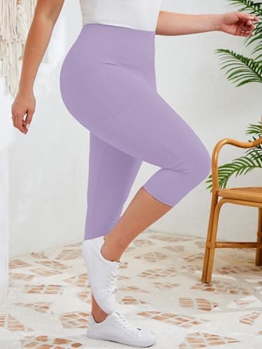 AusLook Plus Size Capri Leggings for Women with Pockets High Waisted Tummy Control Cropped Light Purple 5X Leggings Buttery Soft Stretch Casual Lounge Workout Pants - Thumbnail 5