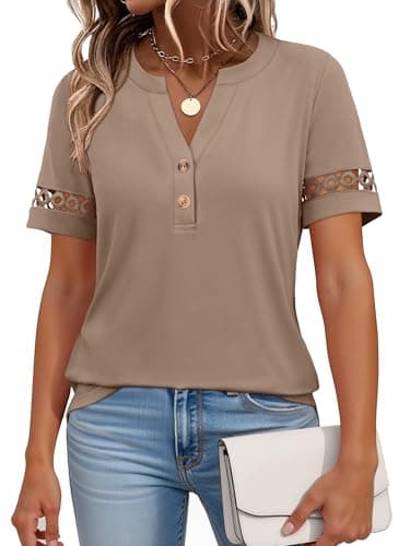 ANRABESS Womens Short Sleeve Tops Henley V Neck Blouses Dressy Casual 2026 Summer Trendy Tee Shirts Work Business Outfits Light Khaki Medium - Image 1