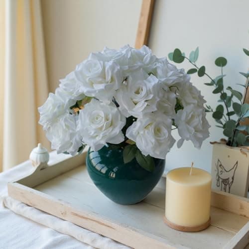 TransBloom 2 Bouquets, White Roses Artificial Flowers, Fake Roses Bouquet, 18 Heads, 16 Inch, Faux Wedding Bouquets with Stems, Floral centerpieces for Tables, Outdoor Decor (White) - Thumbnail 2