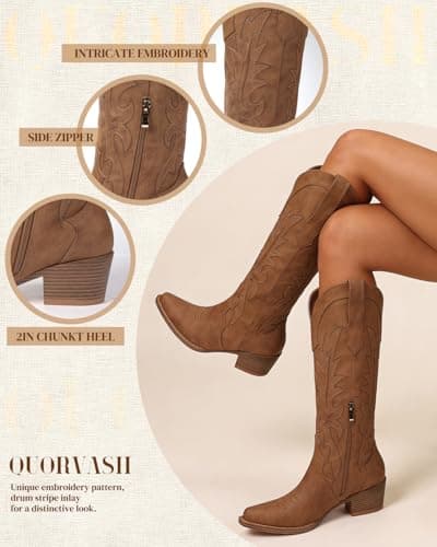 Quorvash Wide Calf Cowboy Boots for Women - Knee High Cowgirl Boots Side Zipper Snip Toe Western Boots for Concert Nashville Trip Party Dark Brown Size 6 - Thumbnail 4