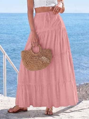 BTFBM Spring Skirts for Women 2026 Summer Boho Beach Vacation Clothes Casual Pleated High Waisted Flowy Maxi Skirt(Pink, XX-Large) - Thumbnail 2