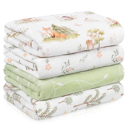 Civarua Kids Muslin Swaddle Blankets for Newborn, 4 Pack Cotton Baby Blankets Neutral, Large 31.5 x 43.3 Breathable Soft Receiving Blanket, Essentials Swaddle Wrap Burping Clothes, Green Jungle Animal - Image 1