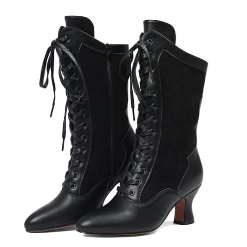 Erocalli Women's Vintage Victorian Boots Winter Mid Calf Lace up Witch Boot - Black, Pointed Toe, Kitten Heel, Halloween, Medieval Costumes, Combat Boots - Image 1