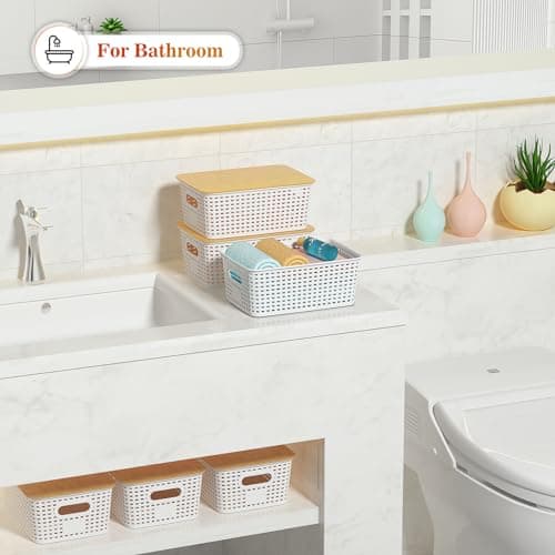 Ohmlove Plastic Storage Baskets With Bamboo Lid - Plastic Storage Containers Stackable Storage bins: Storage Baskets for Organizing Shelves Drawers Desktop Closet Playroom Classroom Office, 6 Pack - Thumbnail 6