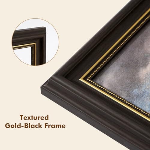 DAJONART Vintage Gold Framed Moody Winter Wall Art, Snowy Village Landscape with Dog & Cottage, Framed Canvas Prints Painting Christmas Decor, Rustic Holiday Gift for Home, 8x10 - Thumbnail 2