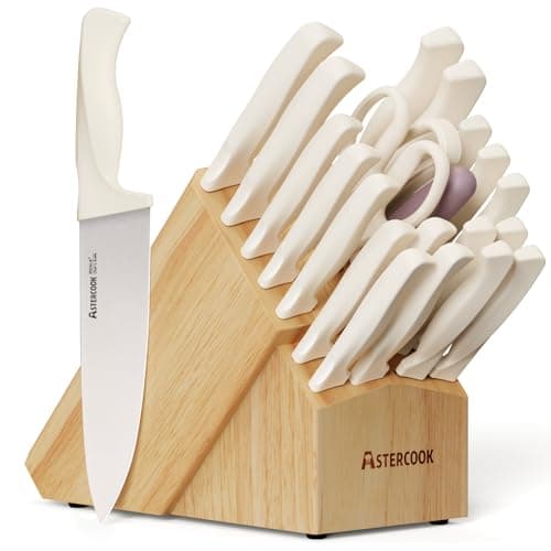 Knife Set, Astercook 22-Piece Kitchen Knife Set with Built-in Sharpener Block, High Carbon Stainless Steel Knives, Dishwasher Safe, Non-Slip Handle, Elegant Cream White Design, Perfect Holiday Gifts - Image 1