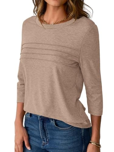 NORACORA Womens 3/4 Sleeve Tops and Blouses Dressy Casual Business Crew Neck Tunic Shirts Trendy Outfits Casual Basic Shirts Tunic Light Khaki XXL - Thumbnail 3