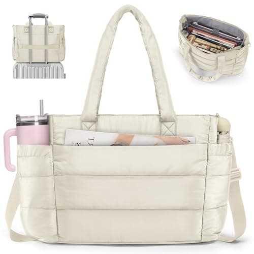 Puffer Tote Bag for Women 17in Quilted Laptop Bag Large Travel Weekender Bag with Travel Sleeve Lightweight Shoulder Bag for Work, Offwhite