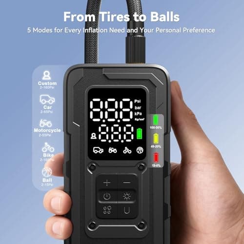 MODARI Tire Inflator Portable Air Compressor - 4X Faster 160 PSI Portable Air Pump for Cars - Cordless Tire Inflators with Gauge - Portable Tire Inflator for Car, Pickup, Bike and More (Black) - Thumbnail 5