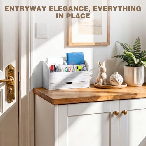 SeekElegant Wood Mail Organizer with Drawer & Pen Holder, White Mail Holder with 5 Detachable Compartments, Desk Organizer for Bill Envelope Storage, for Office Entryway Kitchen Countertop - Thumbnail 2