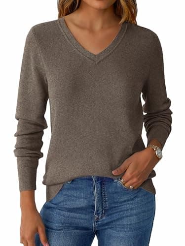 GKBK Womens Sweaters 2026 Fall Fashion Wool Blend V Neck Lightweight Sweater Loose Fit Knit Pullover Long Sleeve Basic Tops Business Casual Outfits Winter Clothes Trendy Brown - Thumbnail 2