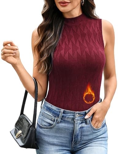 Totatuit Turtleneck Tops for Women Sleeveless Mock Neck Sweater Vest Turtle Neck Lightweight Knit Workout Tops Wine Red XL - Image 1