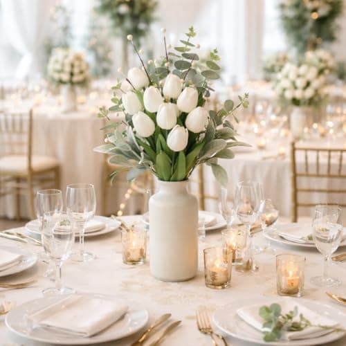 siqifloral 18 Pcs Artificial White Tulips Bouquet with Eucalyptus and Pearl Berries, Real Touch Silk Flowers for DIY Wedding Centerpieces, Home Table Arrangement - Thumbnail 6