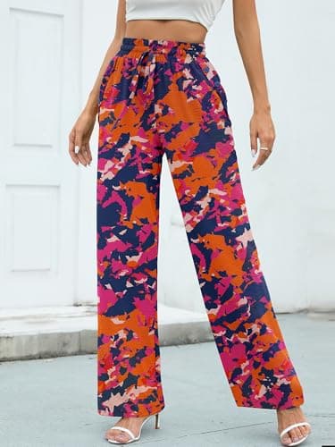 Heymoments Women Wide Leg Pants Rosy Clouds X-Large High Waist Loose Casual Pants Adjustable Tie Knot Belted Long Straight Trousers with Pockets - Thumbnail 2