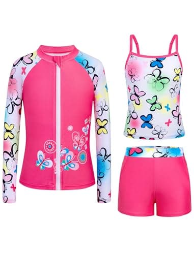 Seanrui Girls' Swimwear Long Sleeve Kids Swimsuits Size 7-8 Cute 2 Piece Rash Guard Bathing Suits with Shorts Hot Pink - Image 1