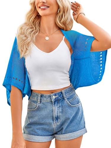 BB&KK Shrugs for Women Summer Crochet Cardigan Lightweight Bolero Sweaters Batwing Sleeve Open Front Hollow-Out Cover Up Blue L - Image 1