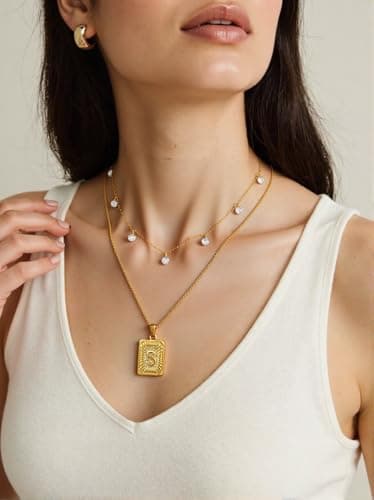 Nododugs Gold Layered Necklace for Women 18K Gold Plated for Women Rhinestone Choker Square Letter Pendant Necklace Gold Initial Necklaces Trendy Simple Jewelry Gifts (S, Gold) - Thumbnail 3