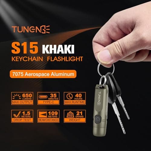 TUNENGE S15 Rechargeable Keychain Flashlight,650 High Lumen EDC Flashlight,Super Bright LED Mini Flashlight Be Suitable for Camping, Hiking,Outdoor Activities,Emergency（Khaki 6500K） - Thumbnail 2