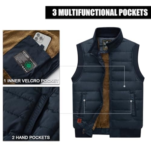 Msmsse Men's Lightweight Fleece Vest Puffer Outerwear Winter Warm Full-Zip Waterproof Sleeveless Jacket with Pockets Dark Blue 2XL - Thumbnail 3