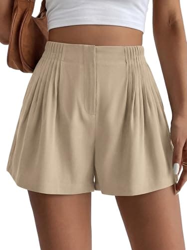 BTFBM Womens Shorts Casual 2026 Spring Summer Elastic High Waisted Pleated Cotton Shorts Beach Vacation Outfits Pockets(Khaki, Large) - Image 1
