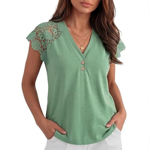 Angashion Womens Tops Lace Short Sleeve Casual V Neck Tunic with Button Summer Elegant Business Work Blouse Light Green Small - Thumbnail 4