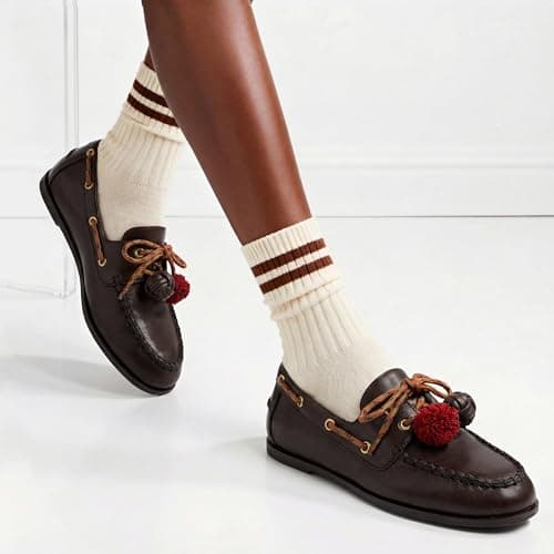 QIY Chocolate Womens Loafers Flat Loafer Pumps for Women Lace Up Detachable Decorative Fringe Ball Loafers Business Formal Work Shoes Size 6.5 - Thumbnail 2