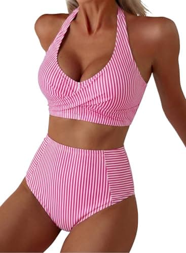 Herseas Women High Waisted Bikini Sets Halter Patch Pocket Wire Free Padded Swimsuit Striped Full Coverage Two Piece Bathing Suit Cute Beach Vacation Clothes for Teens Rose Stripe Medium - Image 1