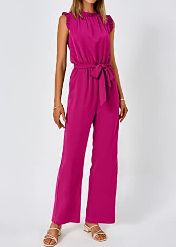 KIRUNDO Jumpsuits For Women Dressy Summer One Piece Sleeveless Ruffle Mock Neck Belt Pockets Formal Wide Leg Pants Romper(Rose Red, XX-Large) - Thumbnail 3