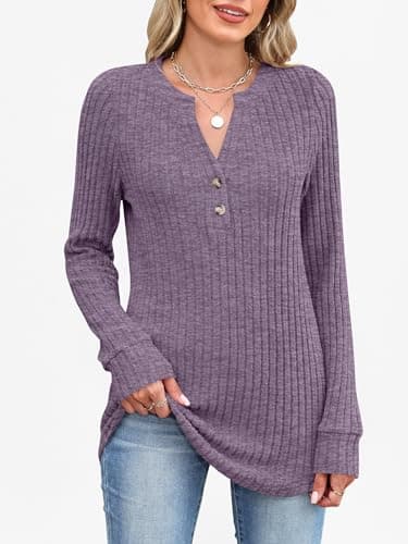 ANRABESS Womens Long Sleeve Henley Shirts 2026 Fall Tunic Tops Ribbed Knit Lightweight Sweaters Dressy Casual Blouse Outfits Purple Medium - Thumbnail 2
