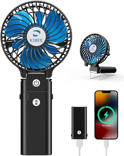 KIBEE Portable Handheld Fan - 5200mAh USB Rechargeable [20H Max Runtime], Foldable 180 Mini Personal Fan, 3-Speed with Stand for Travel/Outdoor/Makeup/Concerts (Black) - Image 1