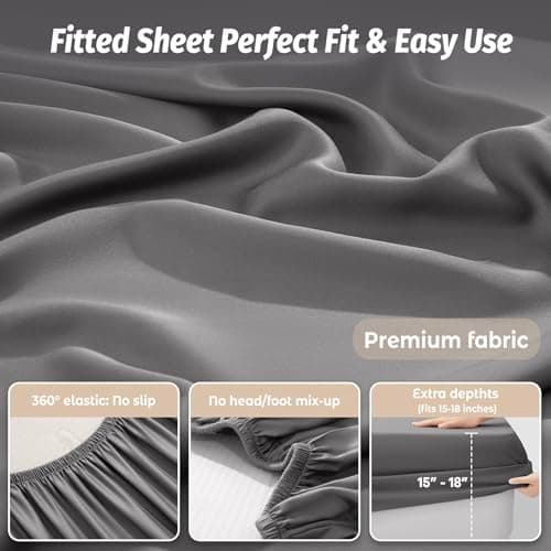 Baigee Fitted Sheet Queen, 100% Cotton, Premium Hotel-Quality Feel, Breathable and Durable, Deep Pocket 15–18”(60"x80",Grey) - Thumbnail 5