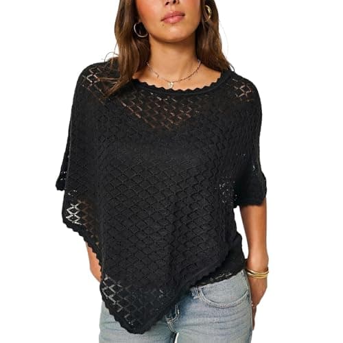 Ainangua Womens Summer Sweater Crochet Batwing Sleeve Scalloped Trim Poncho Tops Off Shoulder Hollow Out Shawl Wraps Coverup(Black,M) - Image 1