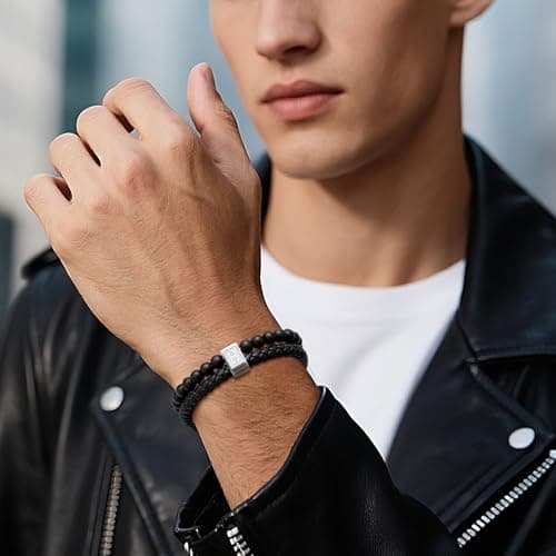FLHEART Initial Black Leather Bracelet for Men, A-Z Letters Agate Stone Beaded Braided Leather Cuff Bracelets with Initial, Adjustable Wrist Bracelet for Mens Jewelry Gifts,7.5-8.3 Inches - Thumbnail 3