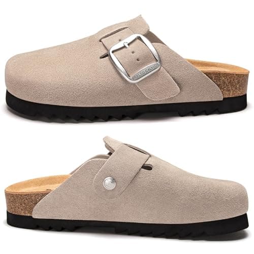 Brelzo Calvior Suede Clogs for Women Leather Mules Slip-on Sandals Men's Potato Shoes with Arch Support Tan - Thumbnail 6