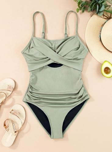 Dokotoo Bathing Suit for Women Tummy Control One Piece Cross Front Hollow Out Adjustable Straps Rib Knit Swimsuit Holiday Summer Beach Solid Color Monokini Swimwear Laurel Green X-Large - Thumbnail 4