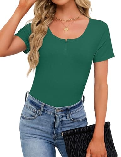 Women Henley Tops for Women Short Sleeve Shirts Casual Button Up T-Shirts Summer Top Solid Slim Fit Trendy Scoop Neck Blouses (Green, XX-Large) - Thumbnail 3