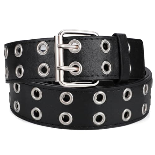 SANSTHS Women Double Grommet Studded Belts, black Leather Belt for Women Men Punk belt,black,M - Image 1