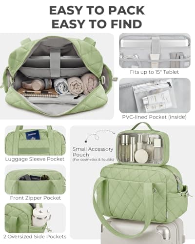 Percover Duffle Bag with Toiletry Organizer Pouch, Quilted Workout Duffle with Compartments for Daily Fitness & Yoga, Locker-Friendly Soft Carry, Mint Green - Thumbnail 3