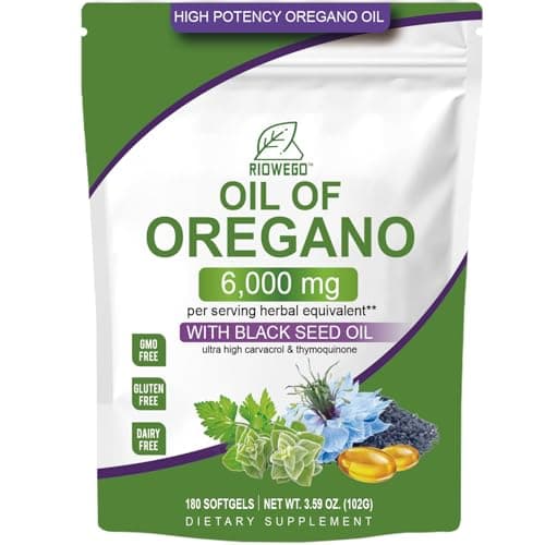 RIOWEGO Oil of Oregano Softgels with Black Seed Oil, 6000mg High Potency Oregano Oil Capsules for Immune Support, Gut Function Support, Carvacrol & Thymoquinone, Non-GMO, Gluten Free,180 Softgels
