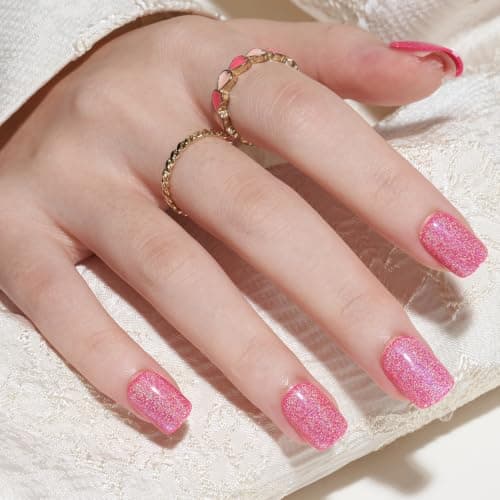 GLAMERMAID Laser Hot Pink Short Press on Nails, Aurora Cat Eyes Handmade Extra Short Squoval Glue on Nails for Women, Summer Square Soft Gel Fake Nails, Round Reusable Acrylic False Nail Kit for Women