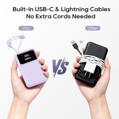 Kuulaa 10000mAh Portable Charger with Built-in USB-C & Lightning Cables, Slim Travel Power Bank with LED Display, 22.5W Fast Charging for iPhone 17/16/15/14/13/12 Android, Purple - Thumbnail 3