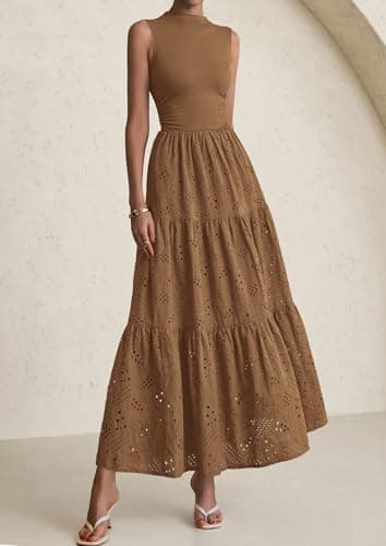 PRETTYGARDEN Summer Dresses for Women 2026 Casual Eyelet Sleeveless Wedding Guest Maxi Dress Tank Top Sundress with Pockets (Khaki,Large) - Thumbnail 2