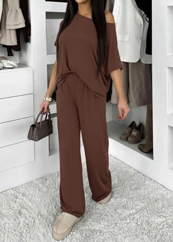 KIRUNDO Lounge Sets for Women Airport Travel Outfit 2026 Summer Off the Shoulder Tops Wide Leg Pants 2 Piece Matching Set(Brown, Large) - Thumbnail 5