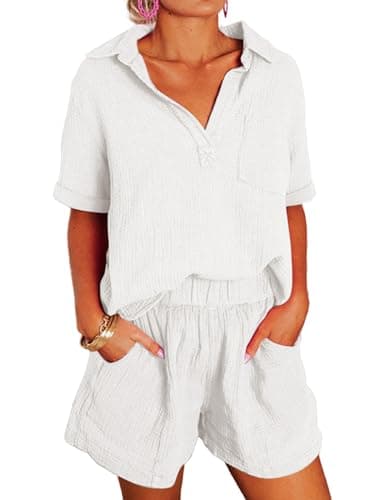 Dokotoo Two Piece Outfits 2026 Stylish Casual Solid V Neck Short Sleeve Tops 2 Piece Outfits for Women Summer Sexy Trendy Soft Elastic High Waisted Shorts with Pockets Workout Jumpsuit White S - Image 1